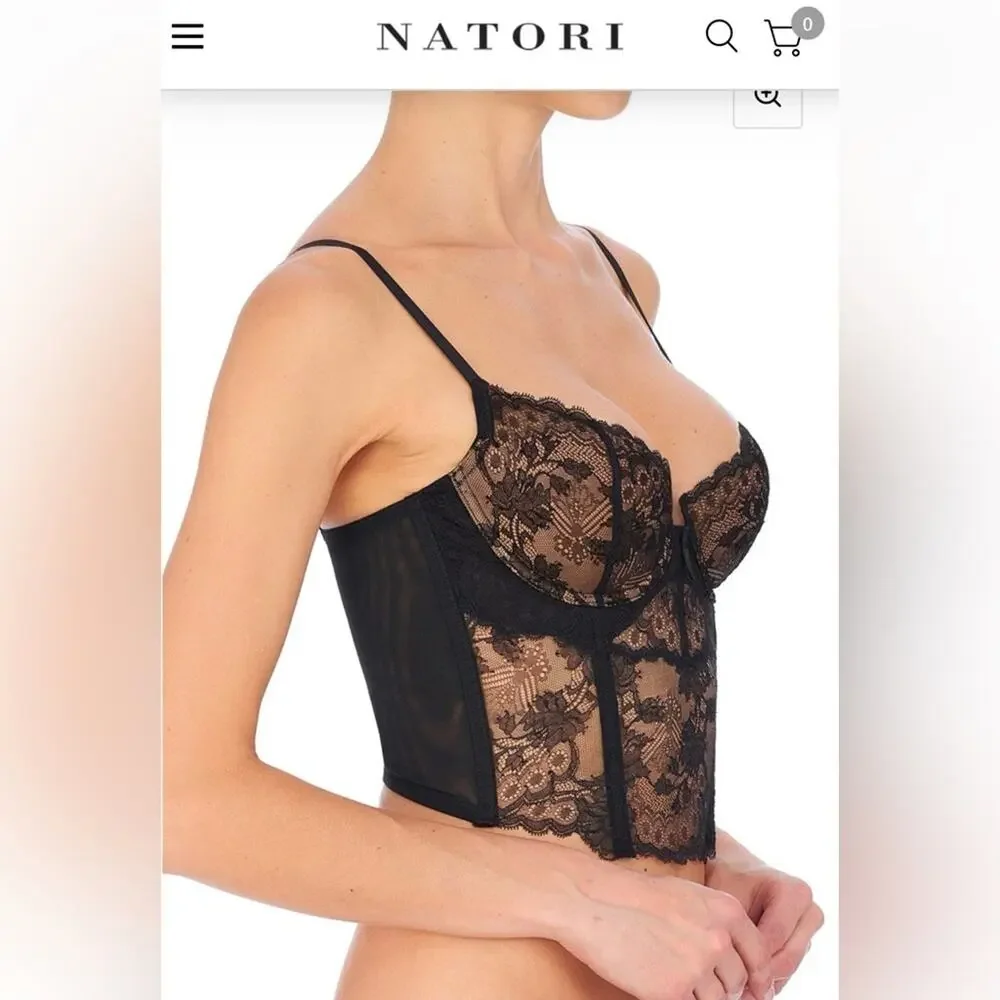 NWT Natori 36B Chantilly Lace Black Buff Longline Bustier Mesh Lingerie